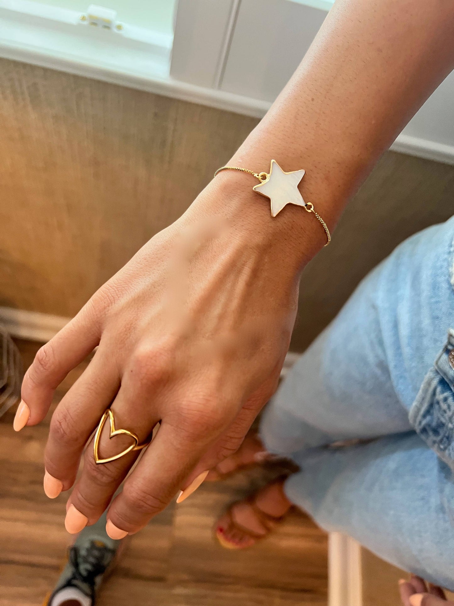 Shell star/pearl square connector bracelet