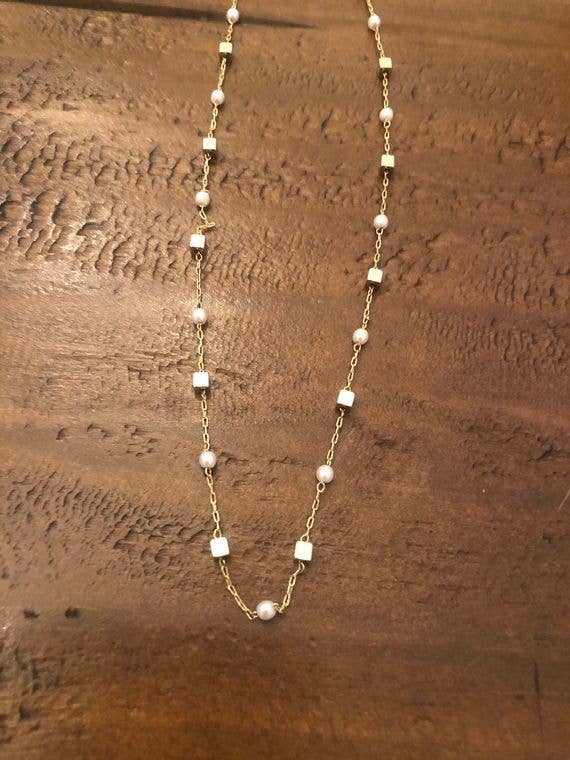 Pearl and gold cube chain choker